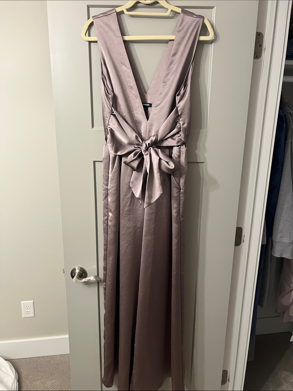 Express Satin V-Neck Bow Jumpsuit in Mauve